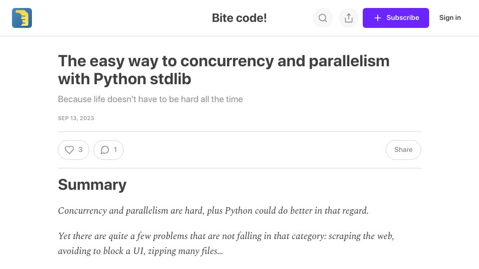 Screenshot of bitecode.dev: An easy way to concurrency and parallelism with Python stdlib
