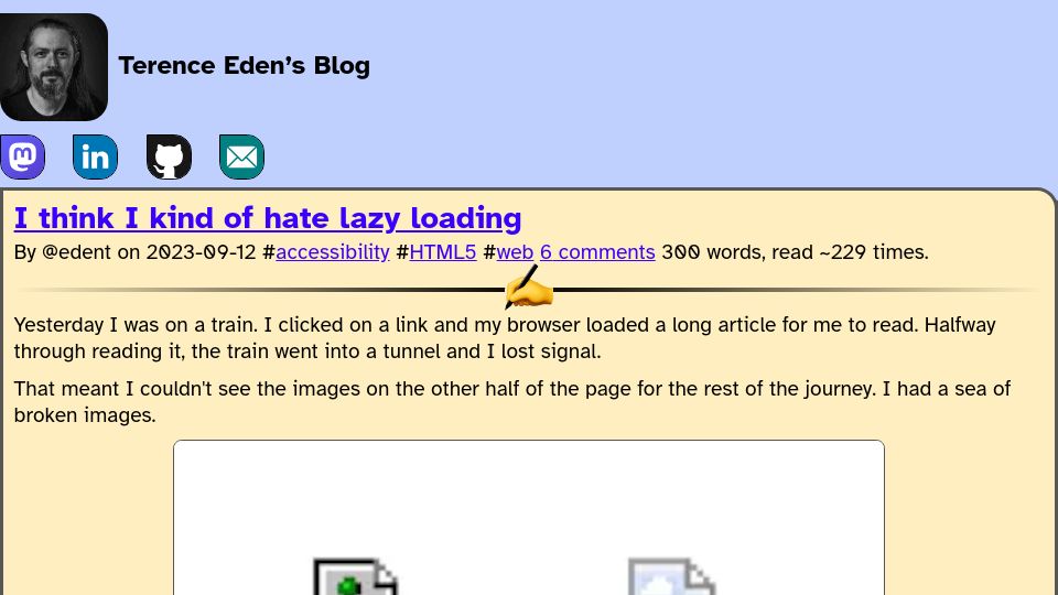 Screenshot of shkspr.mobi: I think I kind of hate lazy loading