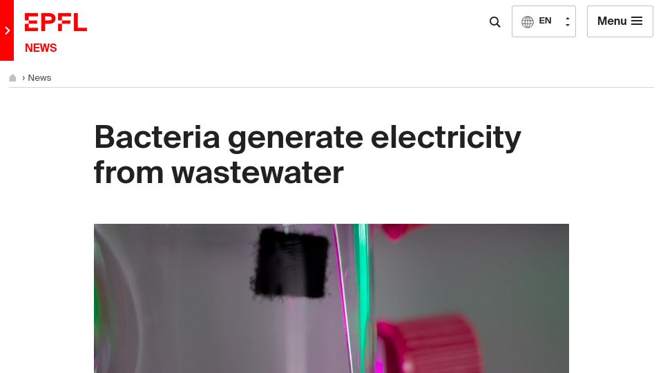 Screenshot of actu.epfl.ch: Bacteria generate electricity from wastewater