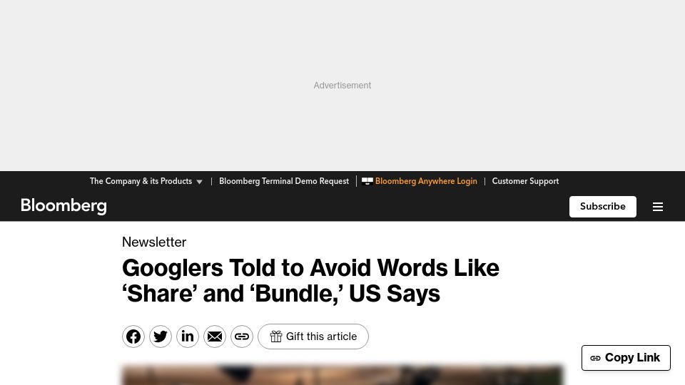 Screenshot of bloomberg.com: Googlers told to avoid words like ‘share’ and ‘bundle,’ US says
