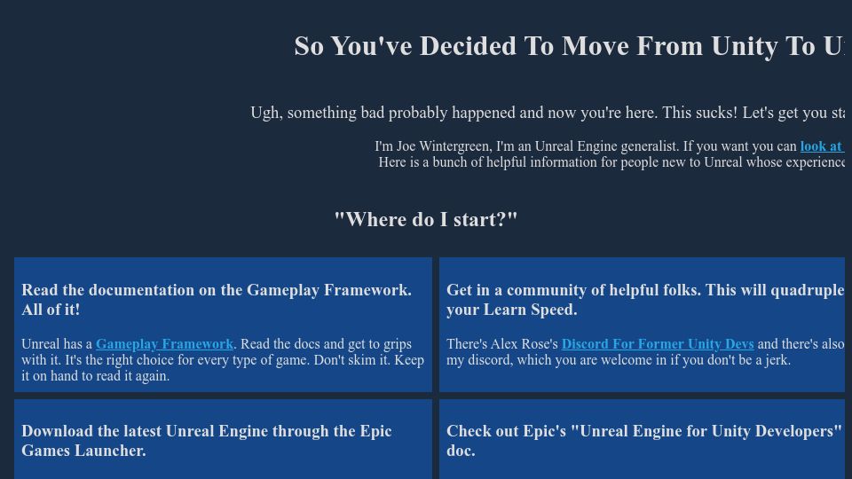 Screenshot of impromptugames.com: So You've Decided to Move from Unity to Unreal Engine