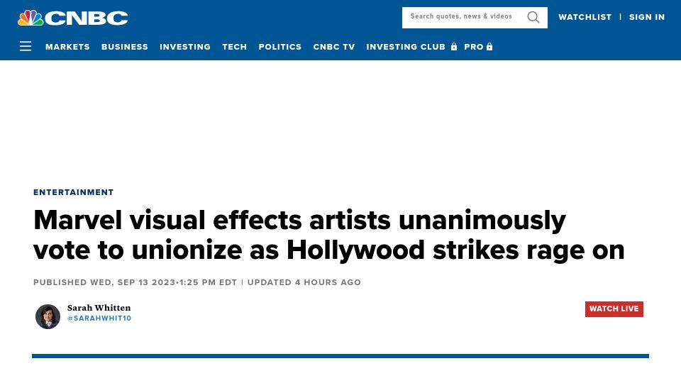 Screenshot of cnbc.com: Marvel visual effects artists unanimously vote to unionize
