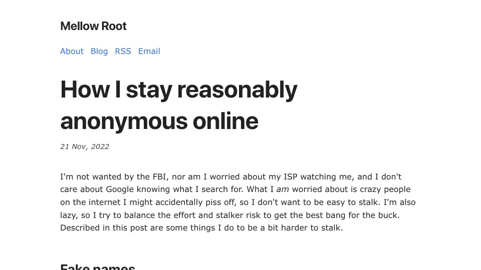 Screenshot of tmp.bearblog.dev: How I stay reasonably anonymous online (2022)