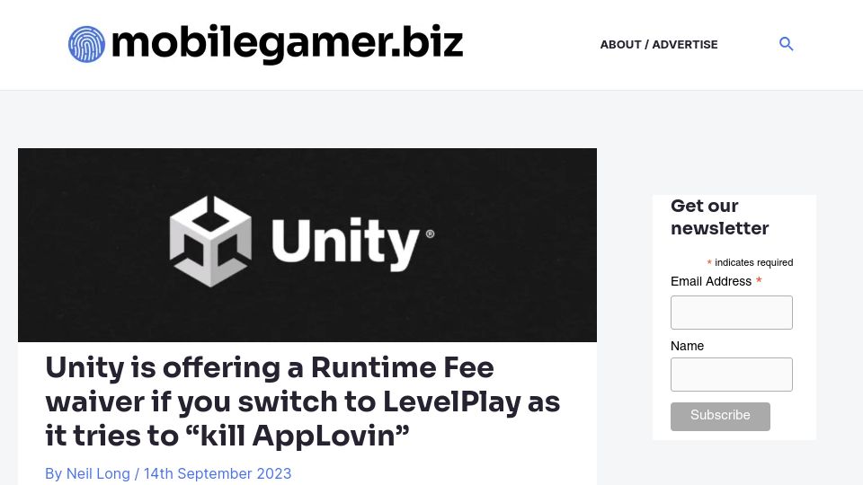 Screenshot of mobilegamer.biz: Unity is offering a runtime fee waiver if you switch to LevelPlay