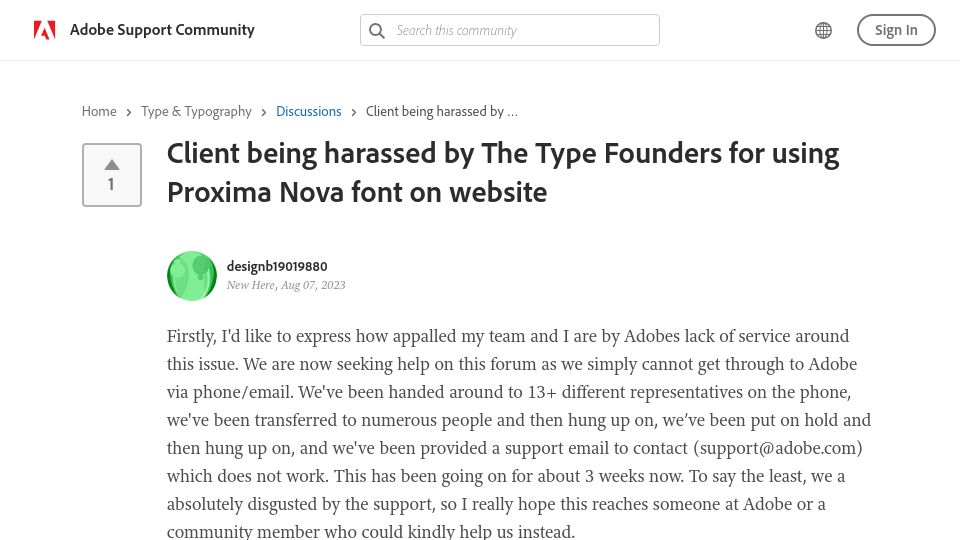 Screenshot of community.adobe.com: Client harassed by The Type founders for using Proxima Nova font on website