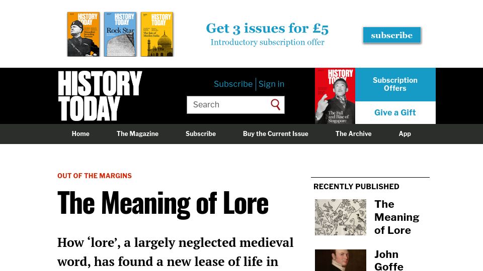 Screenshot of historytoday.com: The Meaning of Lore