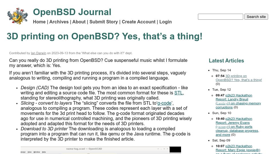 Screenshot of undeadly.org: 3D printing on OpenBSD? Yes, that’s a thing