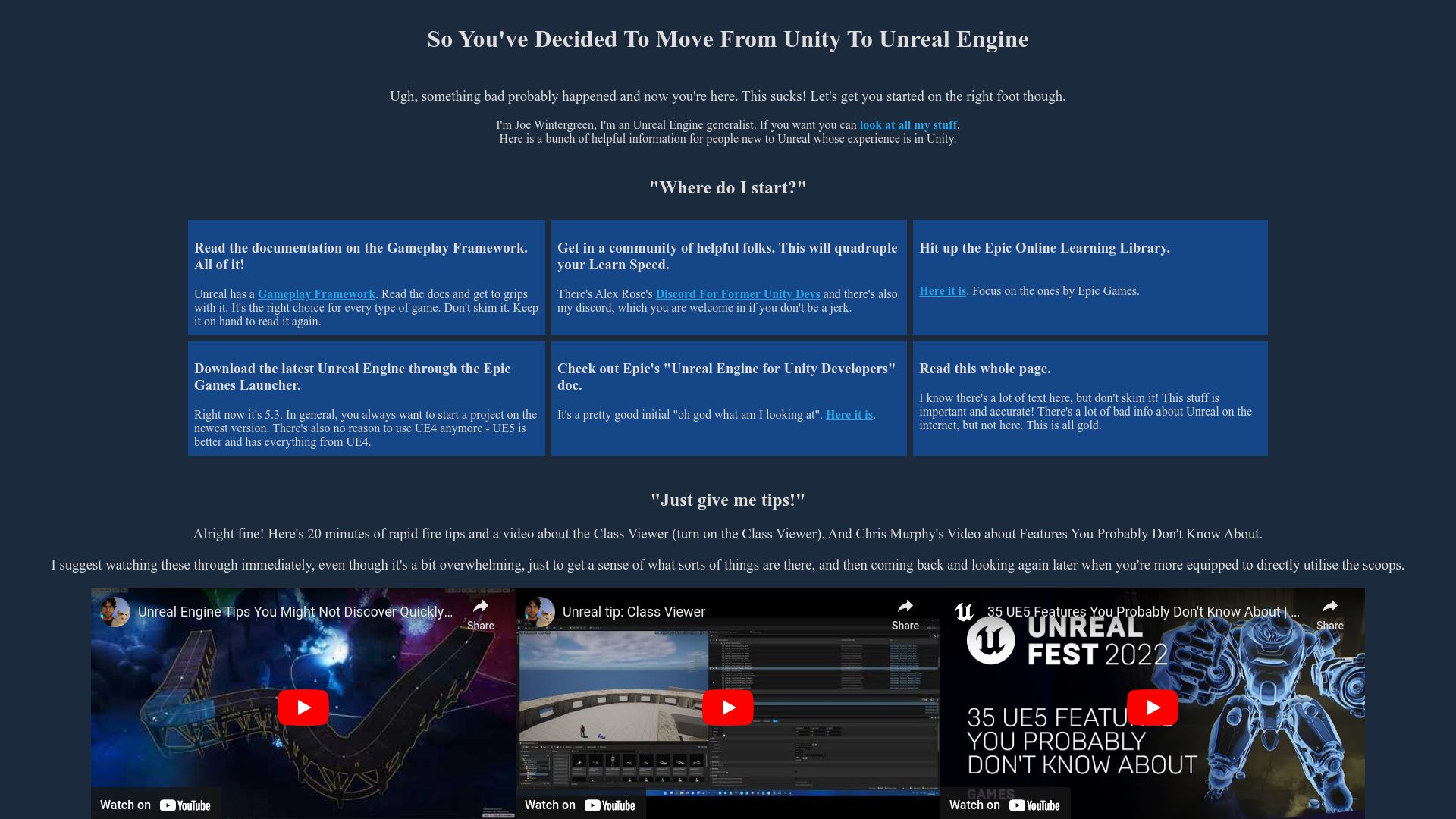Screenshot of impromptugames.com: So You've Decided to Move from Unity to Unreal Engine