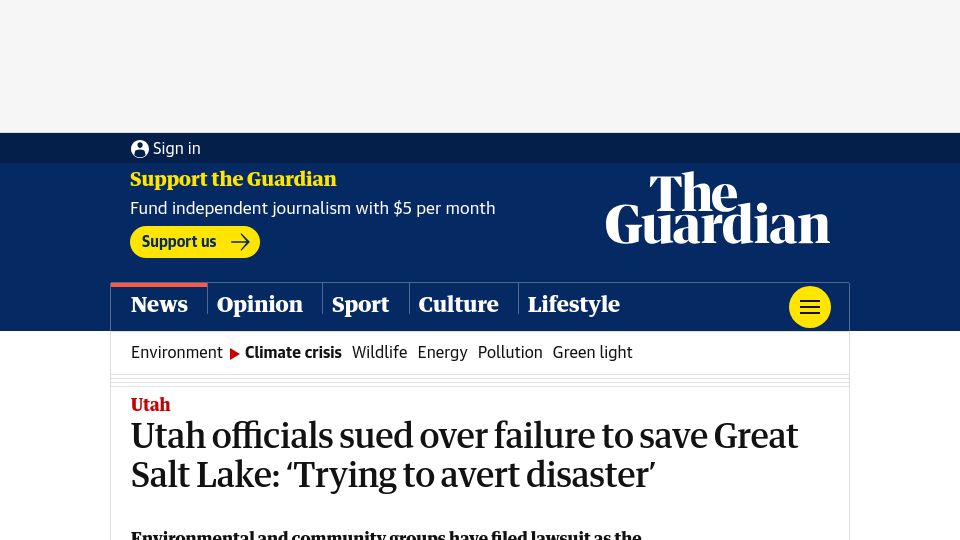 Screenshot of theguardian.com: Utah officials sued over failure to save Great Salt Lake