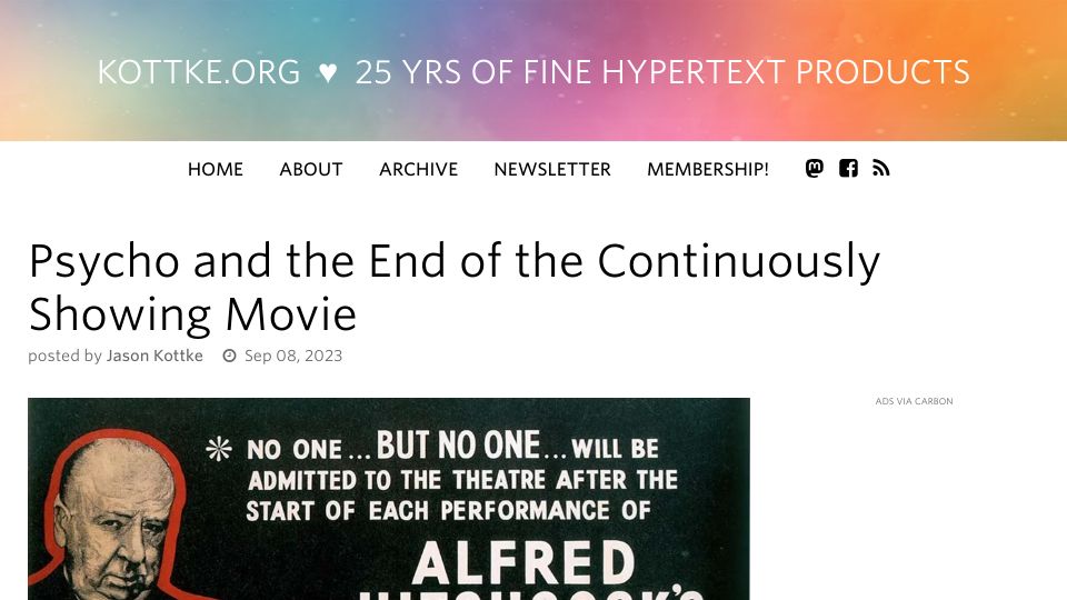 Screenshot of kottke.org: Psycho and the end of the continuously showing movie