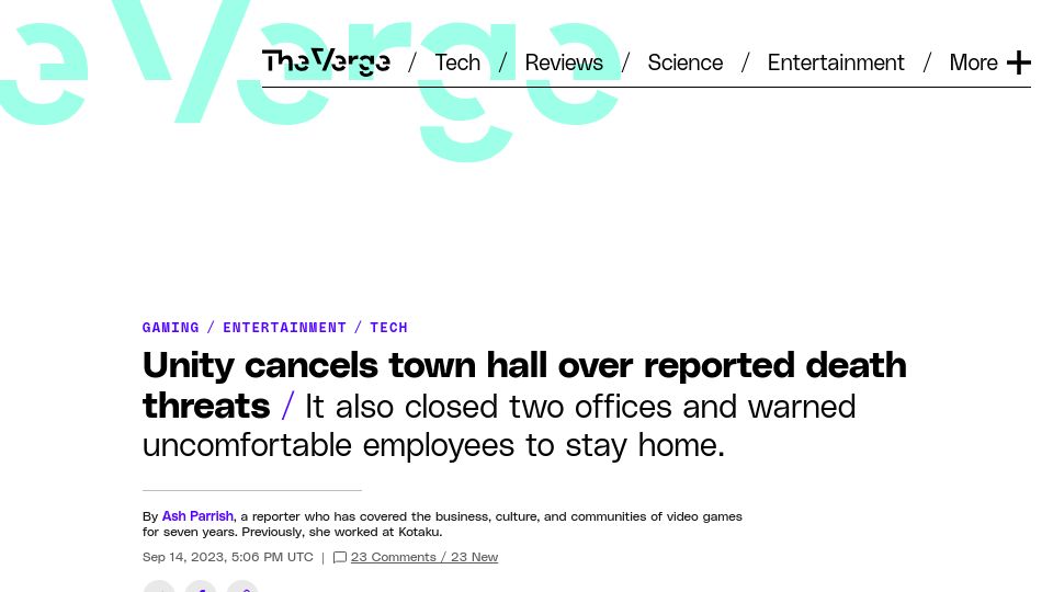 Screenshot of theverge.com: Unity cancels town hall over reported death threats