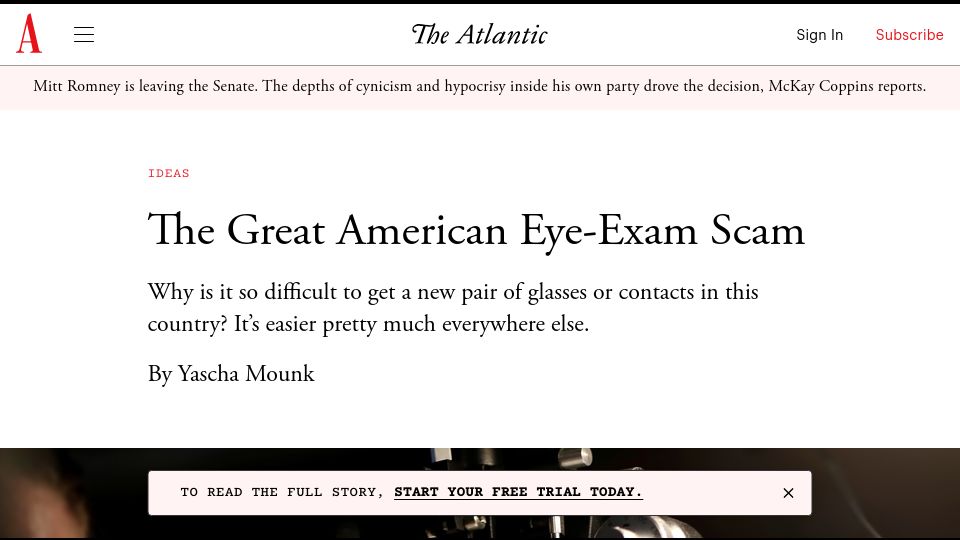 Screenshot of theatlantic.com: The great American eye-exam scam (2019)