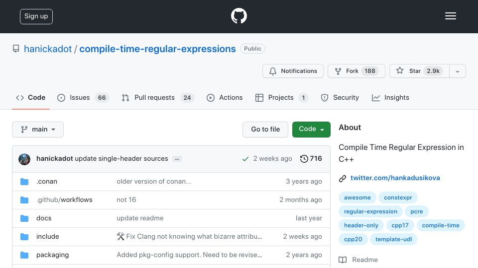 Screenshot of github.com: Compile time regular expression in C++
