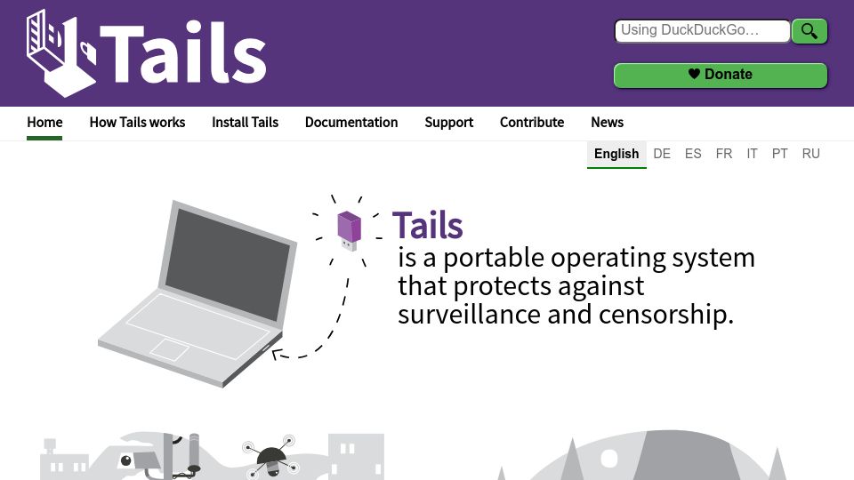 Screenshot of tails.net: Tails is a portable OS that protects against surveillance and censorship
