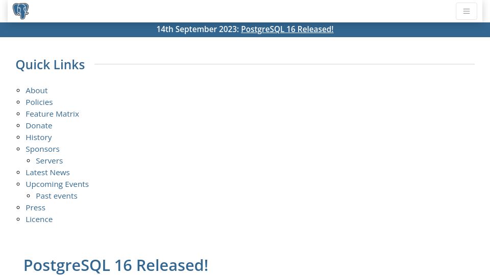 Screenshot of postgresql.org: PostgreSQL 16