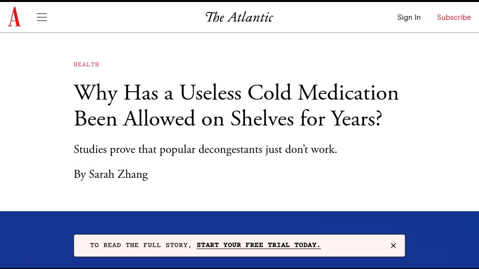 Screenshot of theatlantic.com: Why has a useless cold medication been allowed on shelves for years?