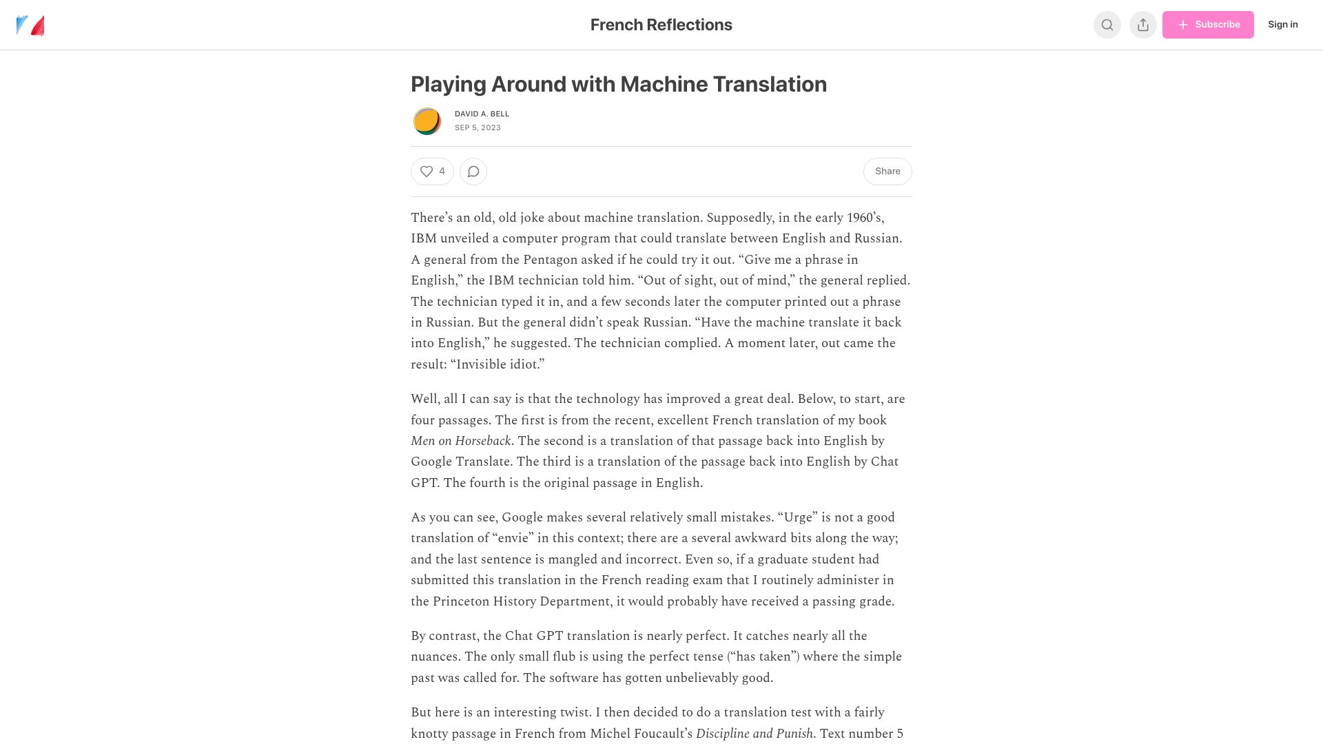 Screenshot of davidabell.substack.com: Playing Around with Machine Translation