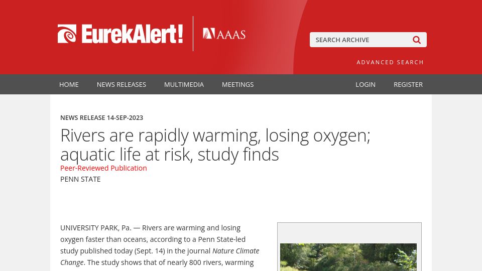 Screenshot of eurekalert.org: Rivers are rapidly warming, losing oxygen; aquatic life at risk, study finds