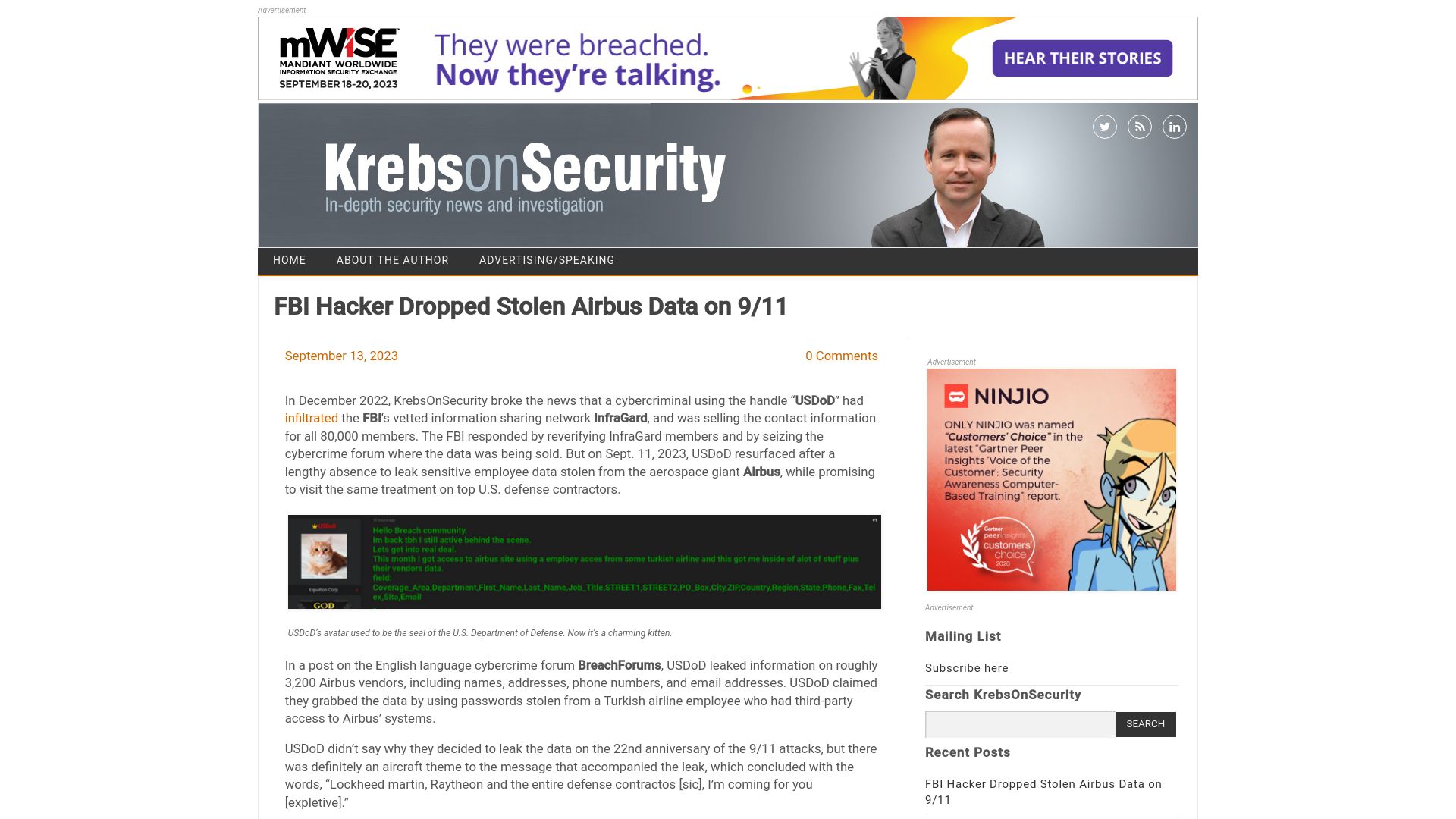 Screenshot of krebsonsecurity.com: FBI Hacker Dropped Stolen Airbus Data on 9/11