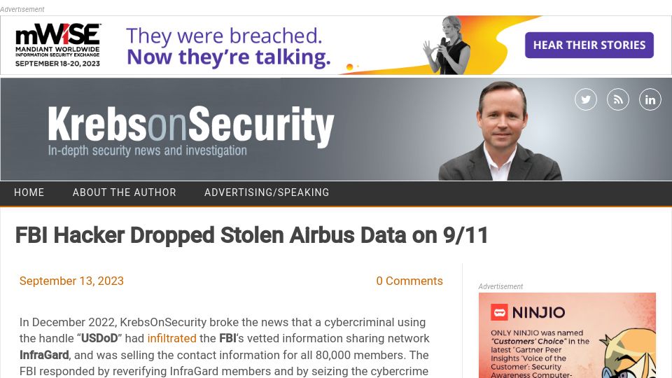 Screenshot of krebsonsecurity.com: FBI Hacker Dropped Stolen Airbus Data on 9/11