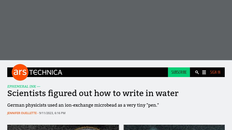 Screenshot of arstechnica.com: Scientists figured out how to write in water