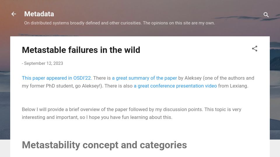 Screenshot of muratbuffalo.blogspot.com: Metastable Failures in the Wild
