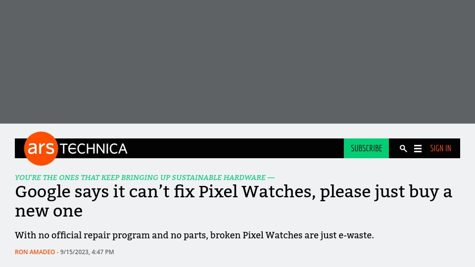 Screenshot of arstechnica.com: Google says it can’t fix Pixel Watches, please just buy a new one