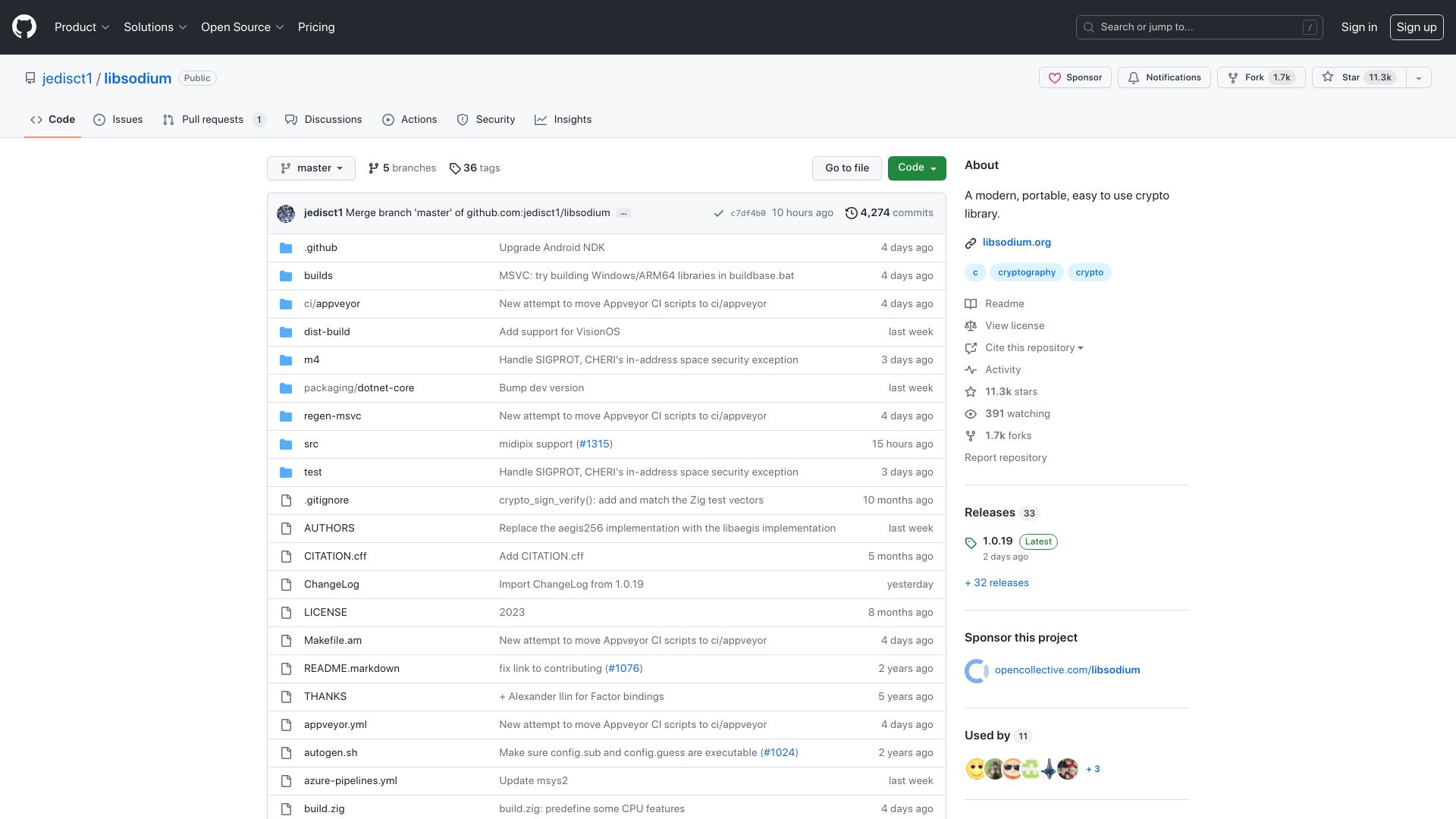 Screenshot of github.com: Libsodium: A modern, portable, easy to use crypto library