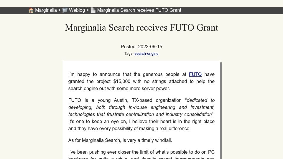 Screenshot of marginalia.nu: Marginalia Search Receives FUTO Grant