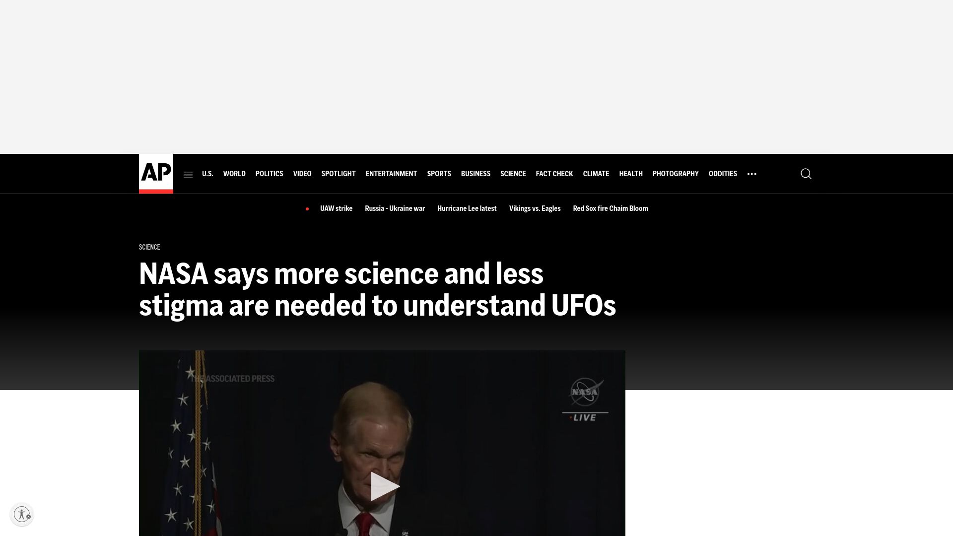 Screenshot of apnews.com: NASA says more science and less stigma are needed to understand UFOs