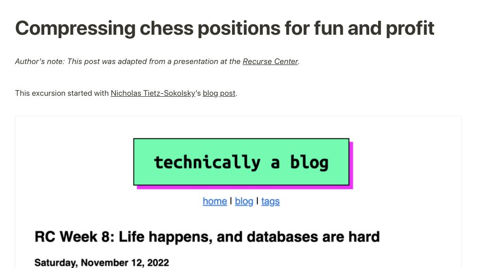 Screenshot of ezzeriesa.com: How to store a chess position in 26 bytes using bit-level magic (2022)