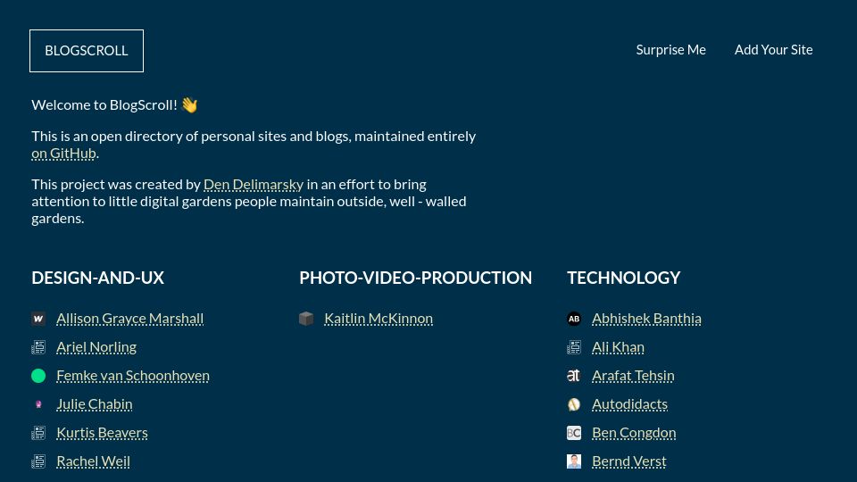 Screenshot of blogscroll.com: Blogscroll – an open-source directory of personal blogs and digital gardens
