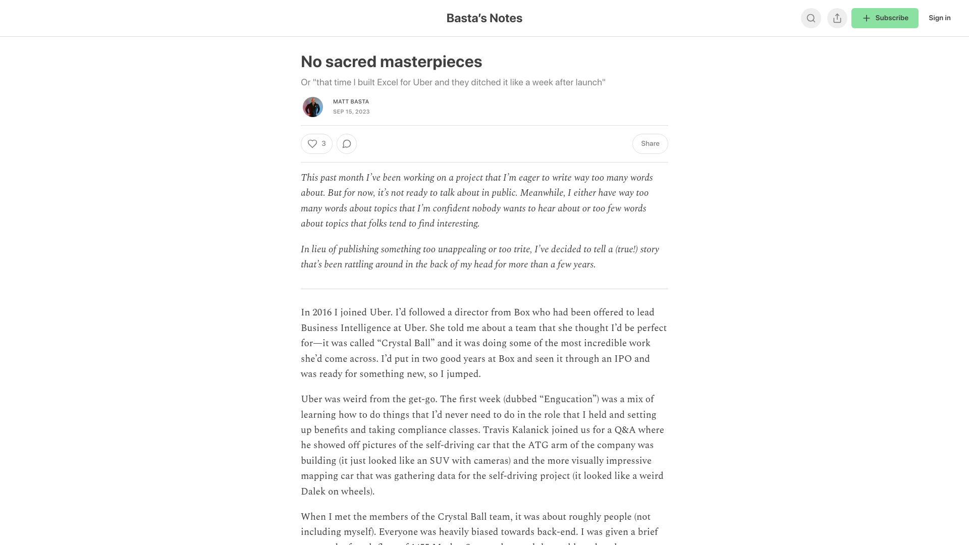 Screenshot of basta.substack.com: I built Excel for Uber and they ditched it