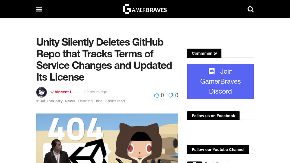 Screenshot of gamerbraves.com: Unity has seemingly silently removed its GitHub repo that tracks ToS changes