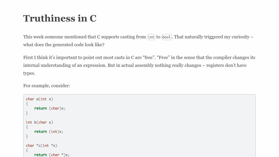 Screenshot of dxuuu.xyz: Truthiness in C