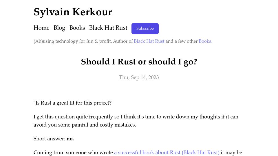 Screenshot of kerkour.com: Should I Rust or should I Go