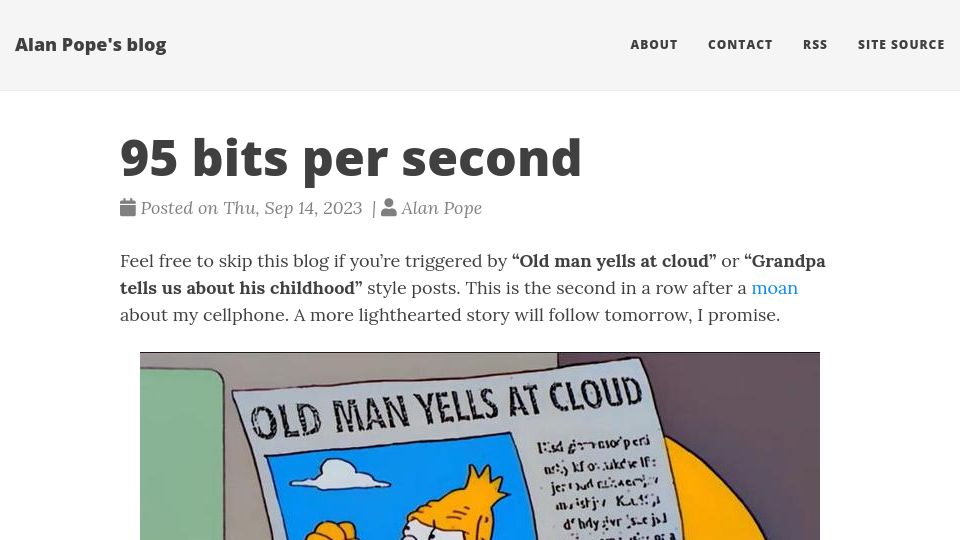 Screenshot of popey.com: 95 bits per second
