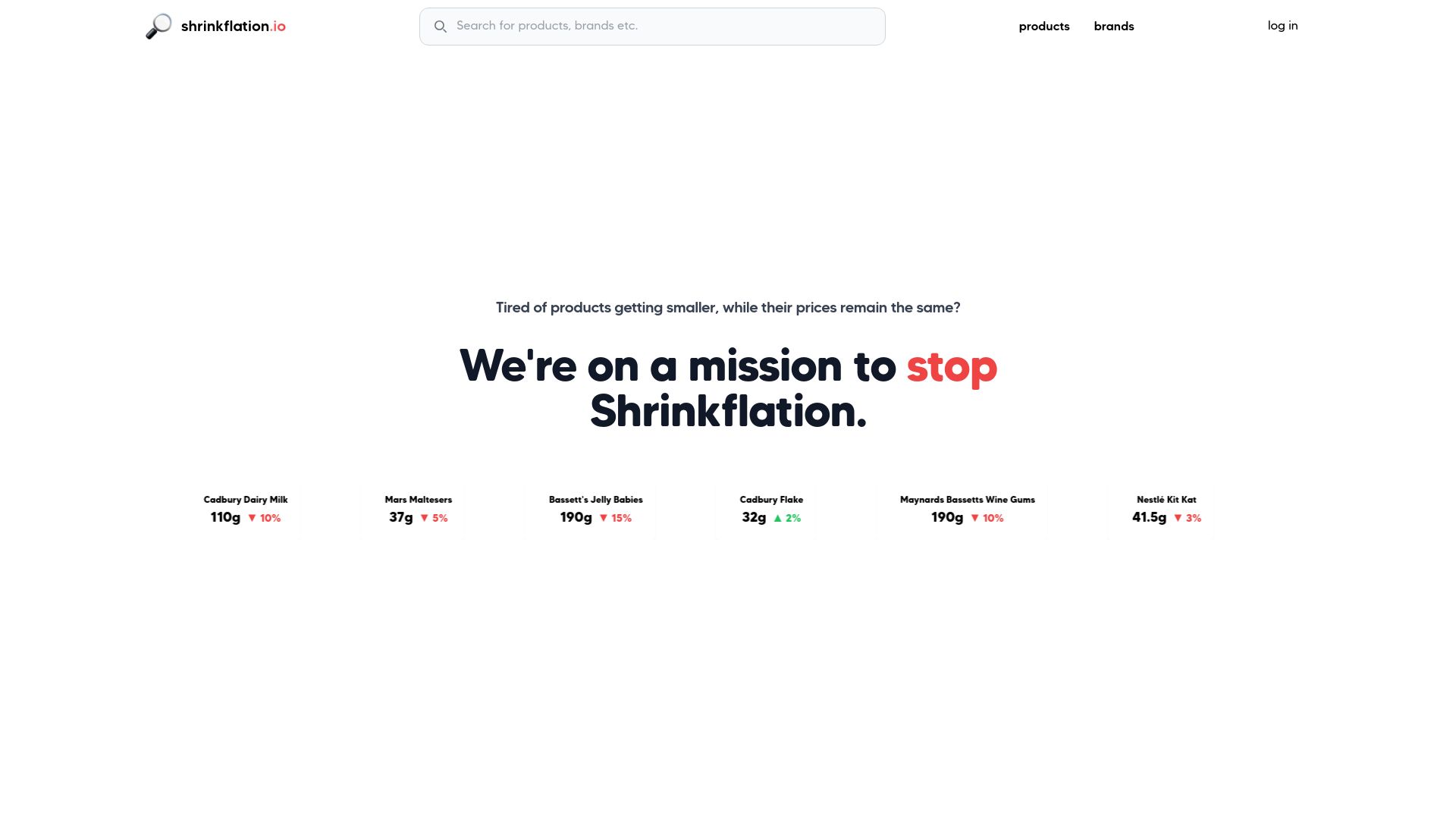 Screenshot of shrinkflation.io: Shrinkflation Tracker