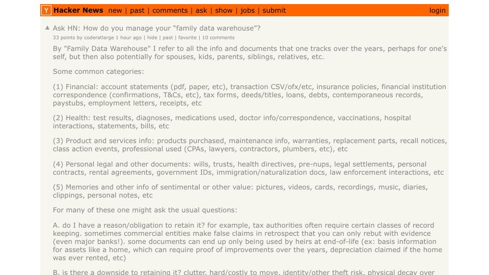 Screenshot of Hacker News post: Ask HN: How do you manage your “family data warehouse”?