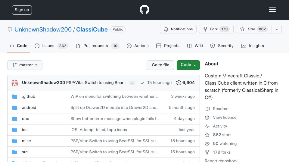 Screenshot of github.com: Custom Minecraft Classic client written from scratch in C