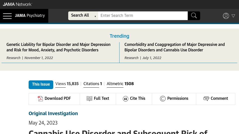 Screenshot of jamanetwork.com: Cannabis use disorder and subsequent risk of depression and bipolar disorder