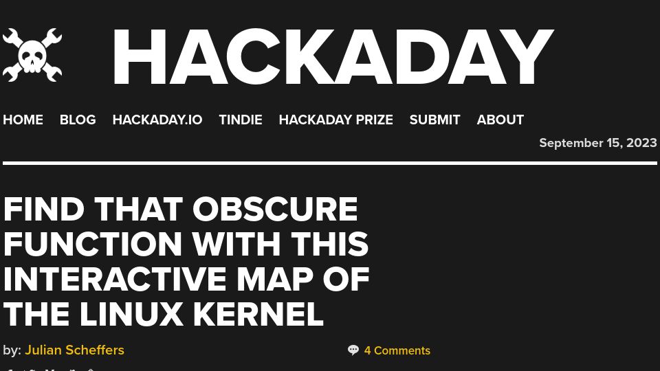 Screenshot of hackaday.com: Find That Obscure Function with This Interactive Map of the Linux Kernel
