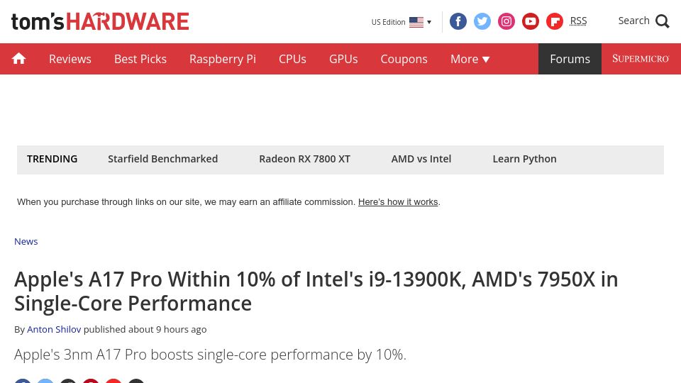 Screenshot of tomshardware.com: Apple's A17 Pro Within 10% of i9-13900K, 7950X in Single-Core Performance