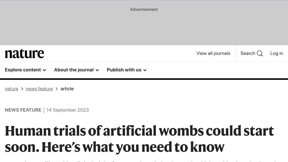Screenshot of nature.com: Human trials of artificial wombs could start soon. Here’s what you need to know