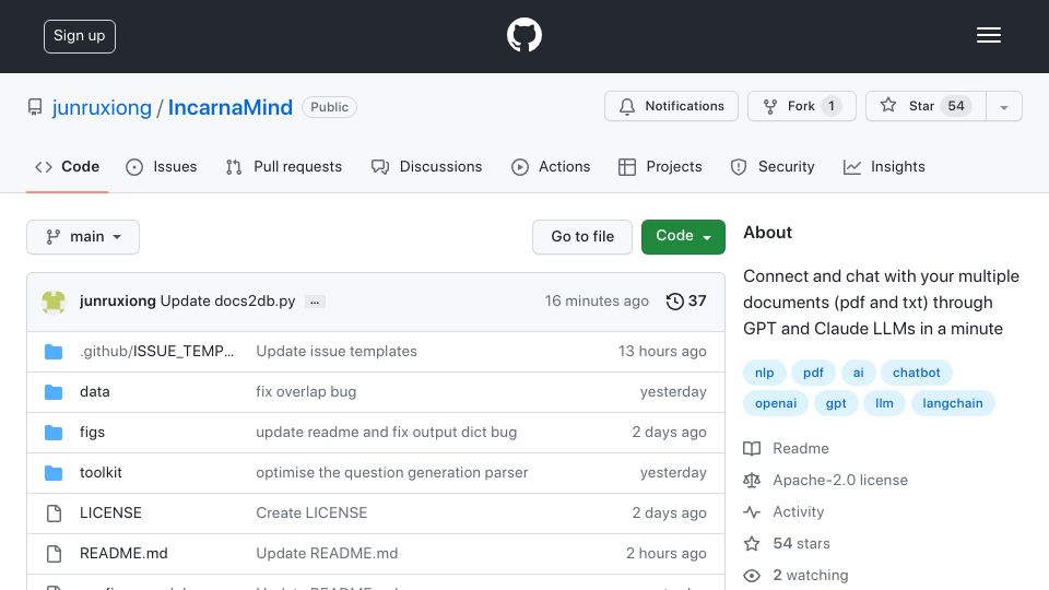 Screenshot of github.com: Show HN: IncarnaMind-Chat with your multiple docs using LLMs