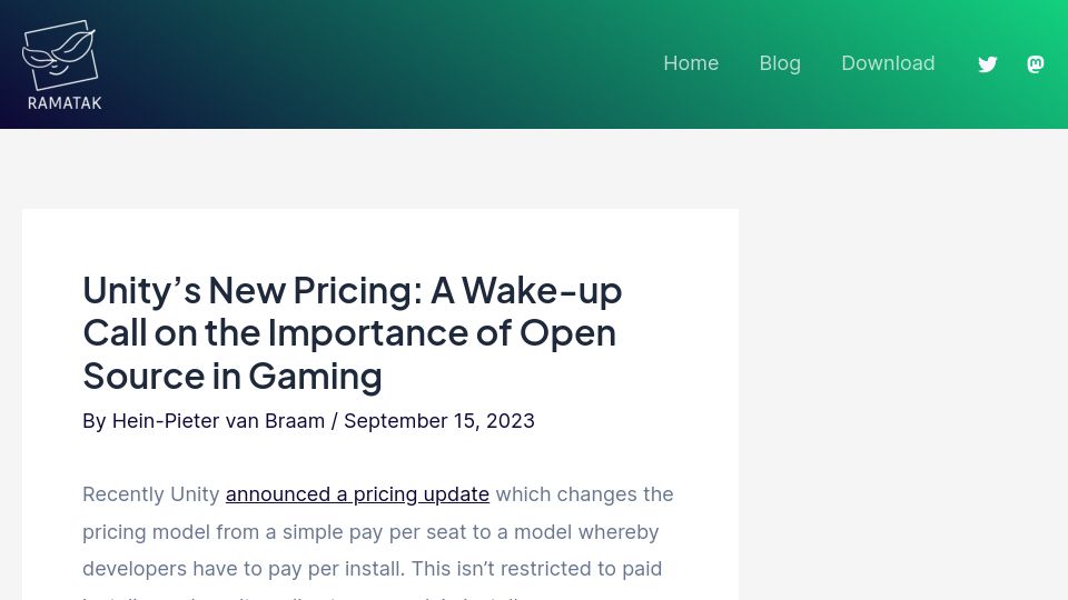 Screenshot of ramatak.com: Unity’s new pricing: A wake-up call on the importance of open source