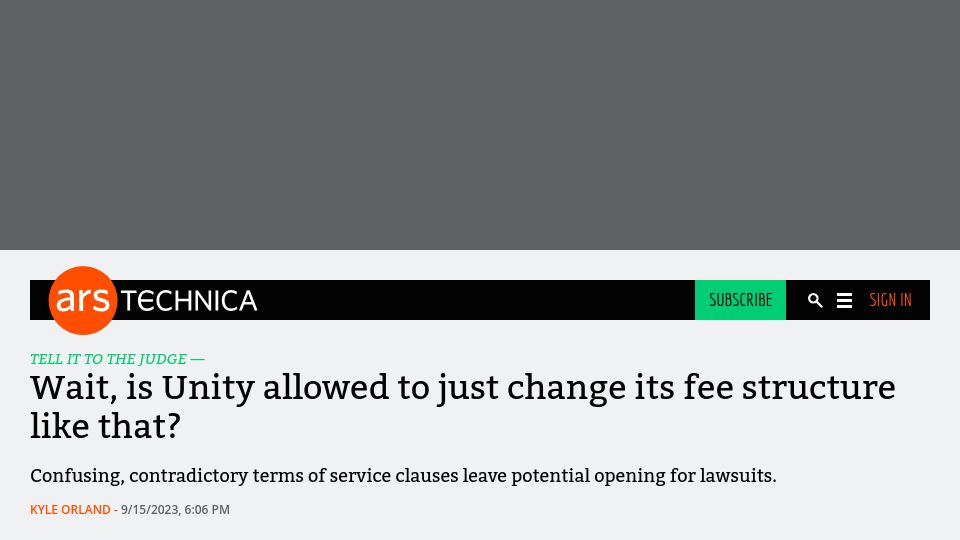 Screenshot of arstechnica.com: Is Unity allowed to just change its fee structure like that?