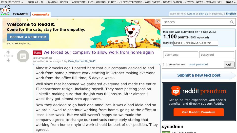 Screenshot of old.reddit.com: We forced our company to allow work from home again