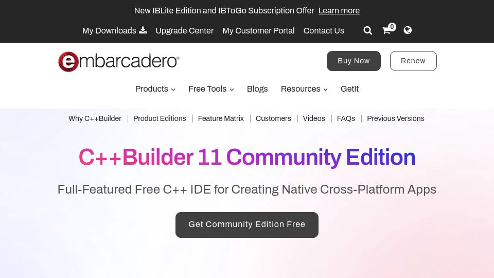 Screenshot of embarcadero.com: C++Builder 11 Community Edition