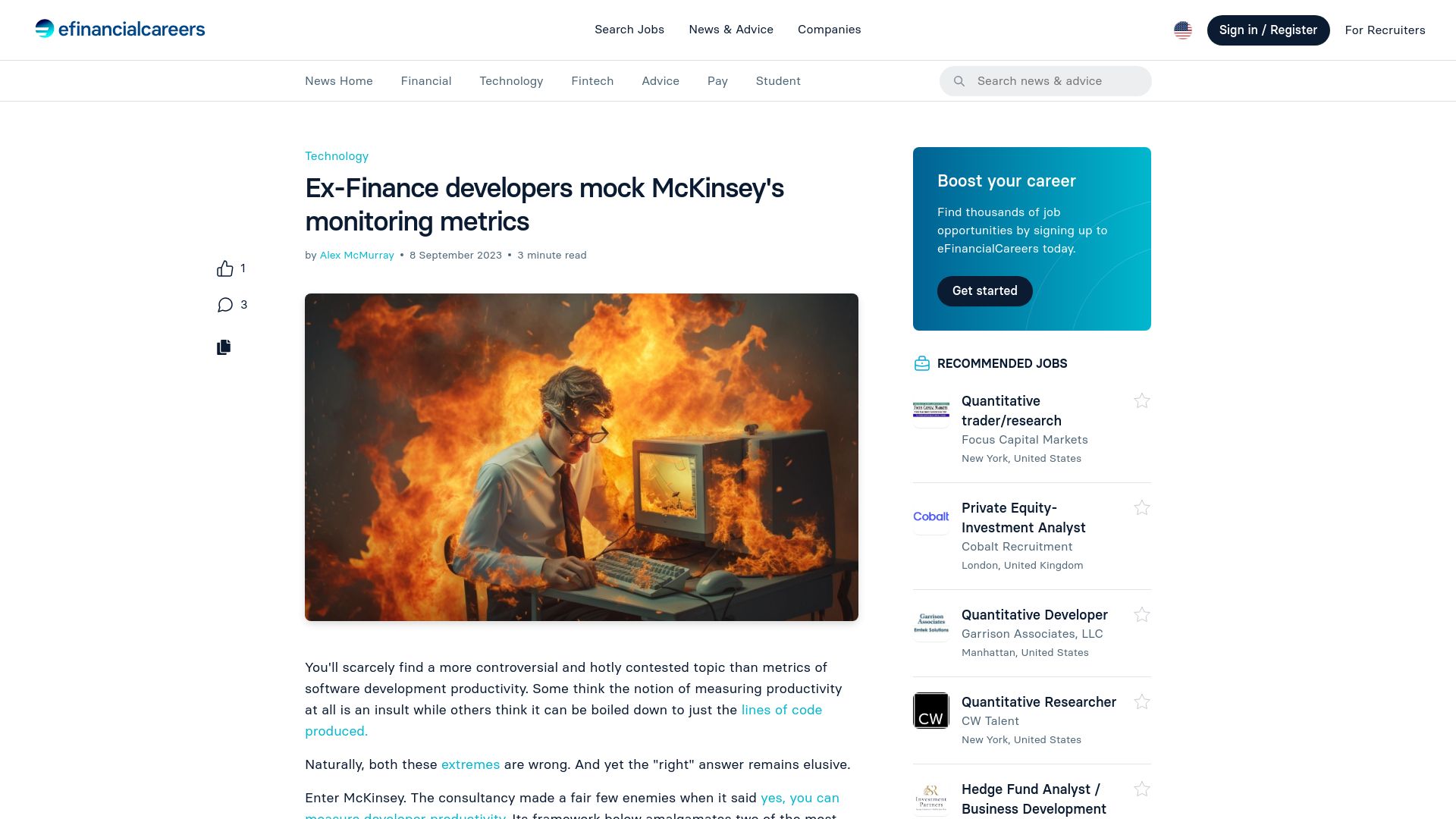 Screenshot of efinancialcareers.com: Ex-Finance developers mock McKinsey's monitoring metrics